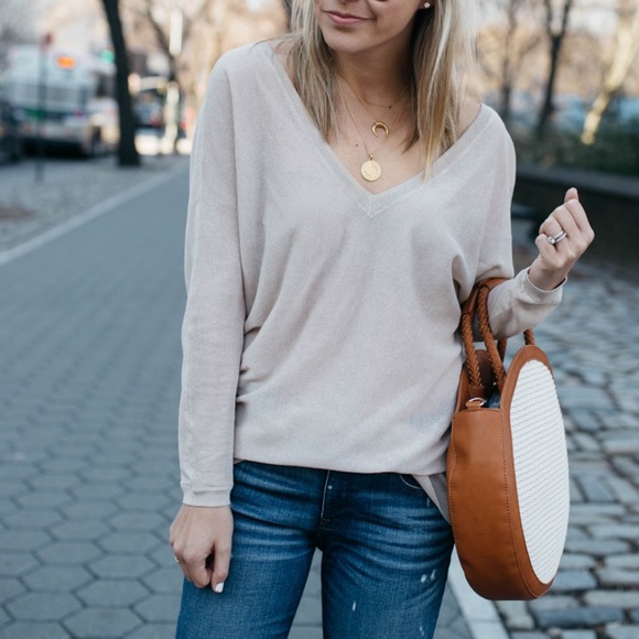 Leith Sweaters - Leith Double V-neck Sweater Tan Light Long Sleeves